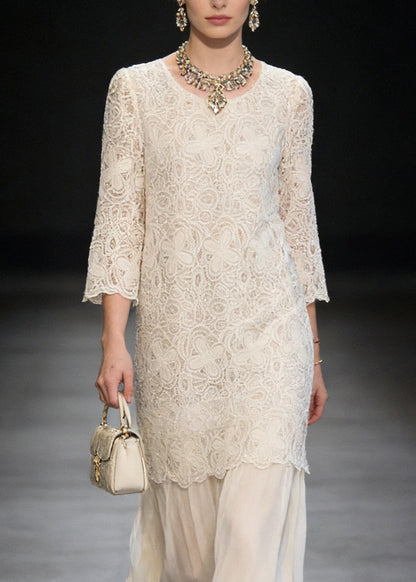 French Beige O Neck Patchwork Lace Dresses Summer