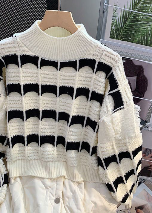 Beige Striped Patchwork Knit Mid Tops Long Sleeve