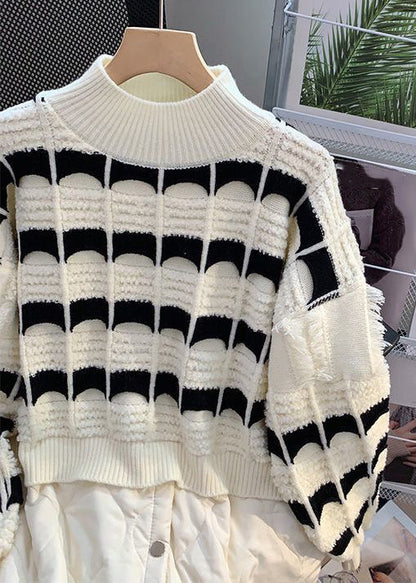 Beige Striped Patchwork Knit Mid Tops Long Sleeve