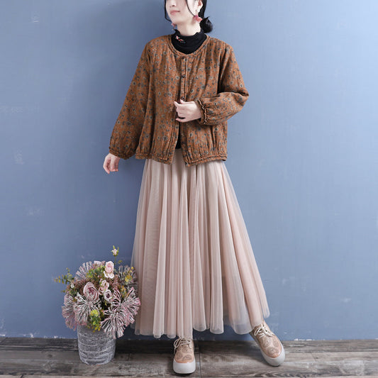 Cotton Linen Winter Retro Printed Coat