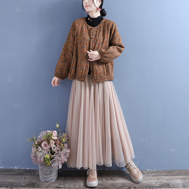 Cotton Linen Winter Retro Printed Coat