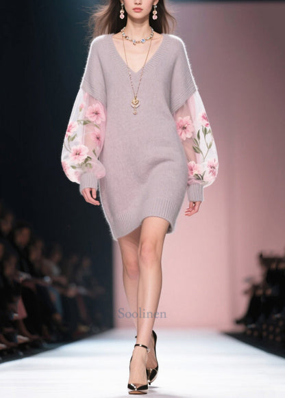 Grey V Neck Patchwork Tulle Knit Dress Winter
