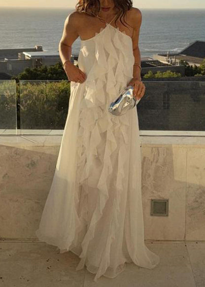 White Ruffled Backless Lace Up Chiffon Maxi Dress Sleeveless