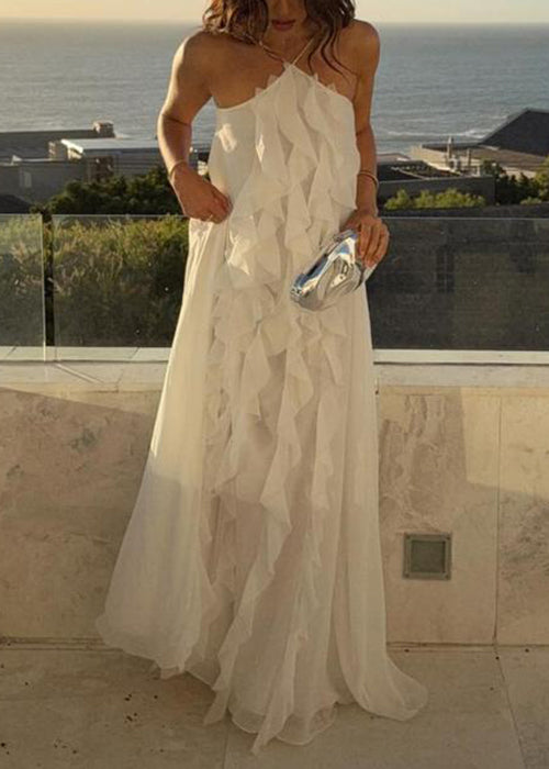 White Ruffled Backless Lace Up Chiffon Maxi Dress Sleeveless