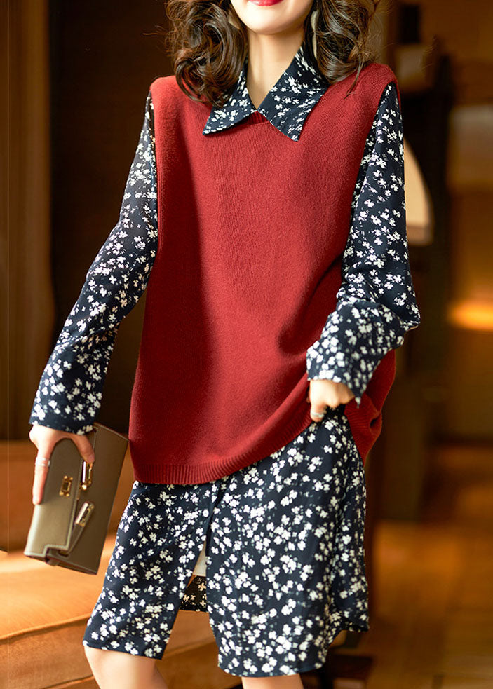 Red Knit Vest Shirts Dresses Chiffon Sets 2 Pieces Fall
