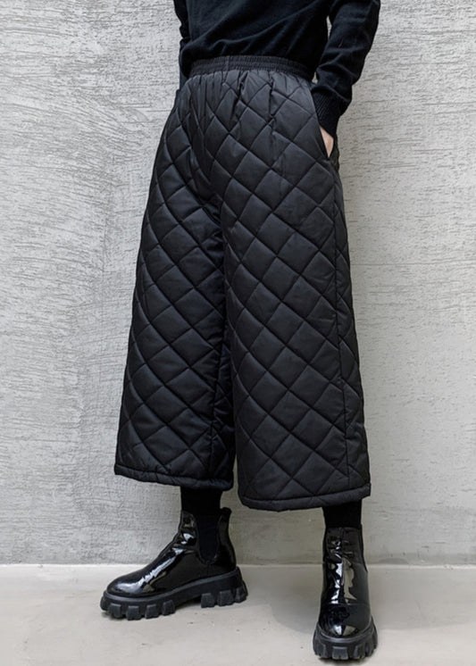 French Black Pockets Elastic Waist Cotton Filled Wide Leg Pants Spring