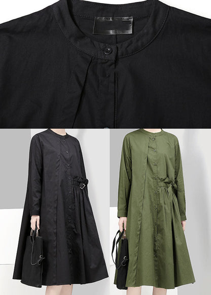 Green Button Asymmetrical Design Stand Collar Shirt Dresses Spring
