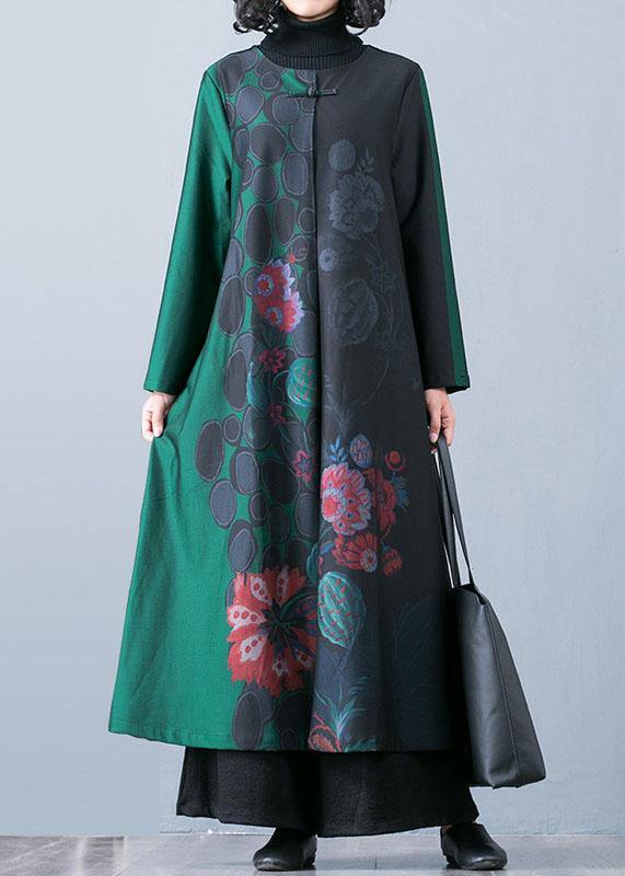 Maxi Coat Fall Trench Coats Green Prints O Neck Overcoat