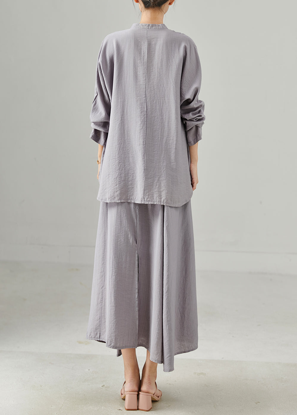 Grey Stand Collar Cotton Tops and Skirts Two Pieces Set Spring