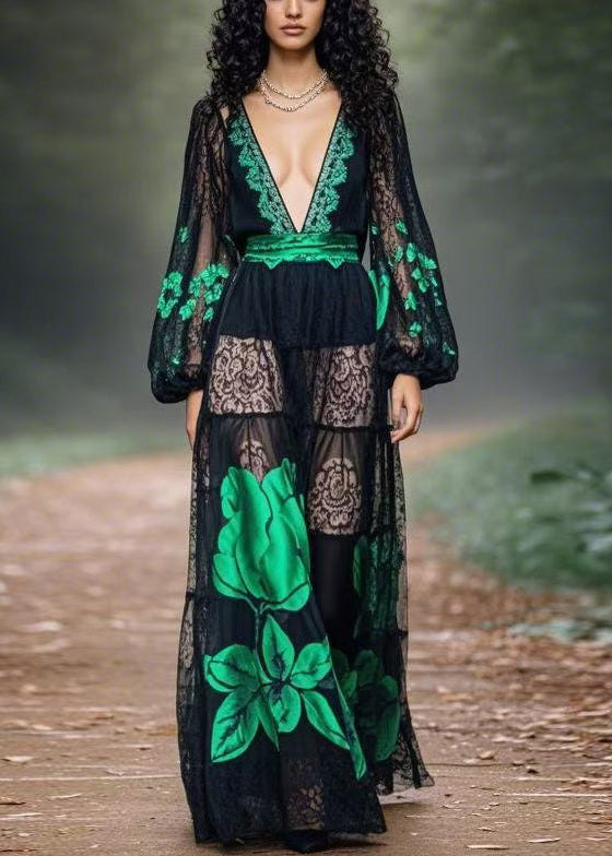 Black Print Original Design Chiffon Long Dress Spring