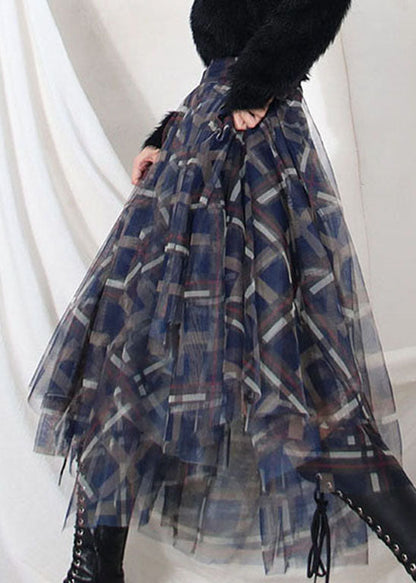 Art Blue Plaid Patchwork Tulle Cirlce Skirt Spring