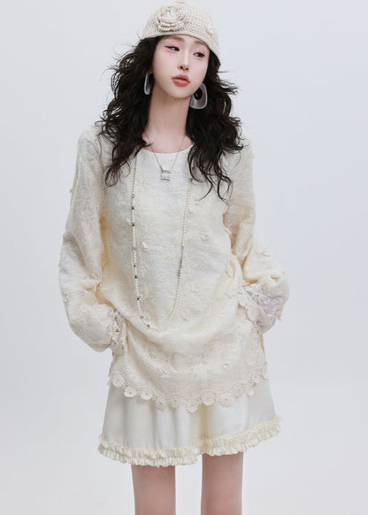 Classy White Embroidered Lace Blouse Tops Spring