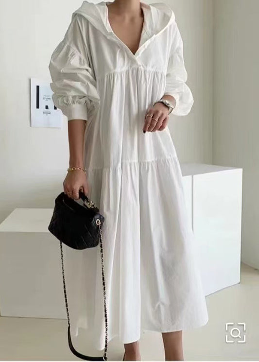 White Hooded Oversized Cotton Maxi Dresses Lantern Sleeve