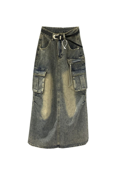 Grey Patchwork Sashes Pockets Straight Skirts Fall