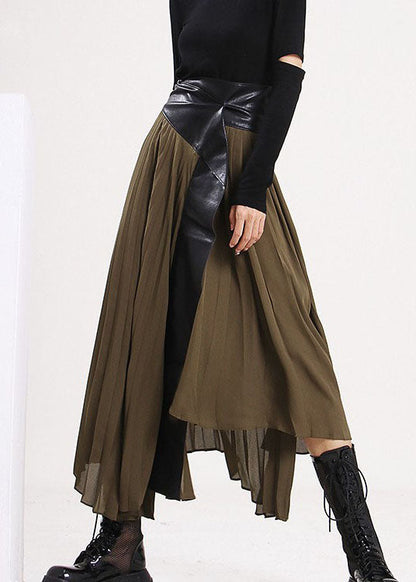 Army Green Asymmetrical Faux Leather Patchwork Chiffon Skirts Spring