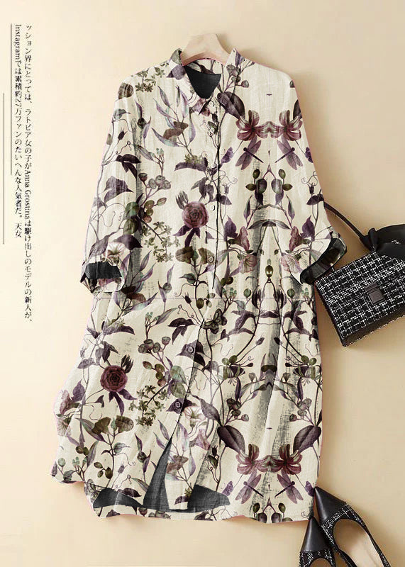 Pink Embroidered Patchwork Linen Shirt Dress Summer
