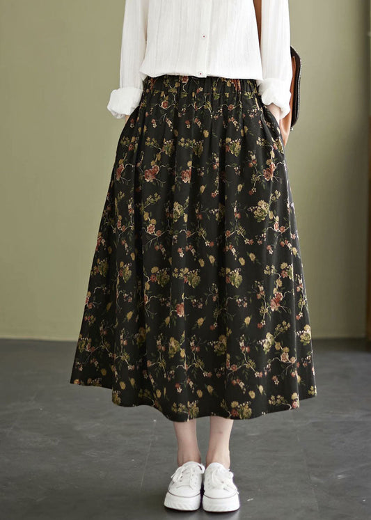 Black Print Cotton a Line Skirt Exra Large Hem Pockets Fall
