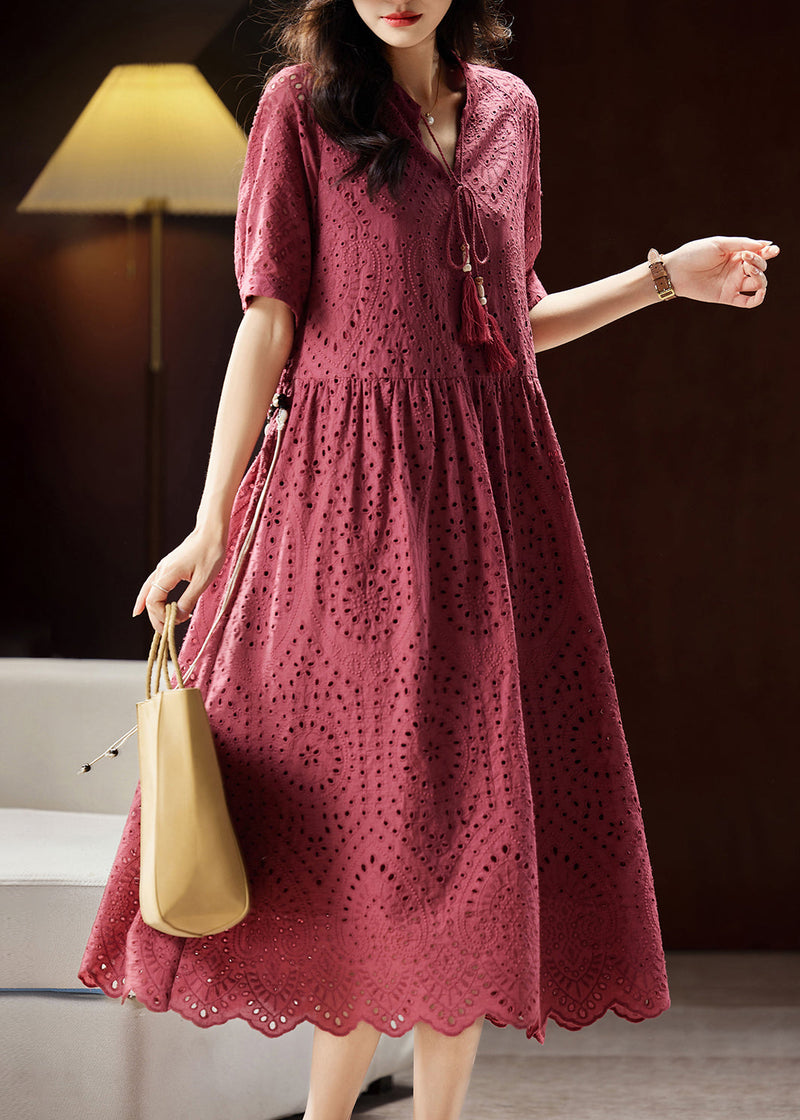 Mulberry V Neck Hollow Out Sashes Cotton Maxi Dress Short Sleeve
