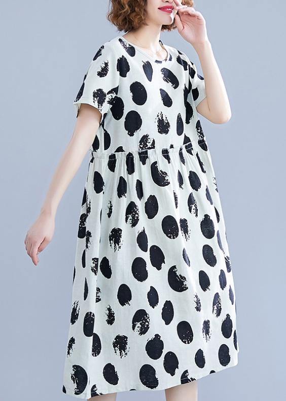 Black Dotted Cotton Tunic Pattern O Neck Short Sleeve Shift Dresses