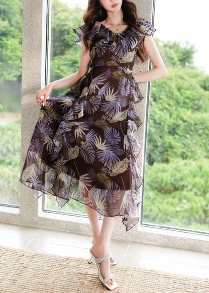 Purple V Neck Print High Waist Chiffon Dress Summer