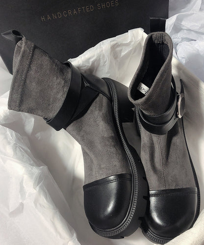 Grey Cowhide Leather Splicing Suede Boots