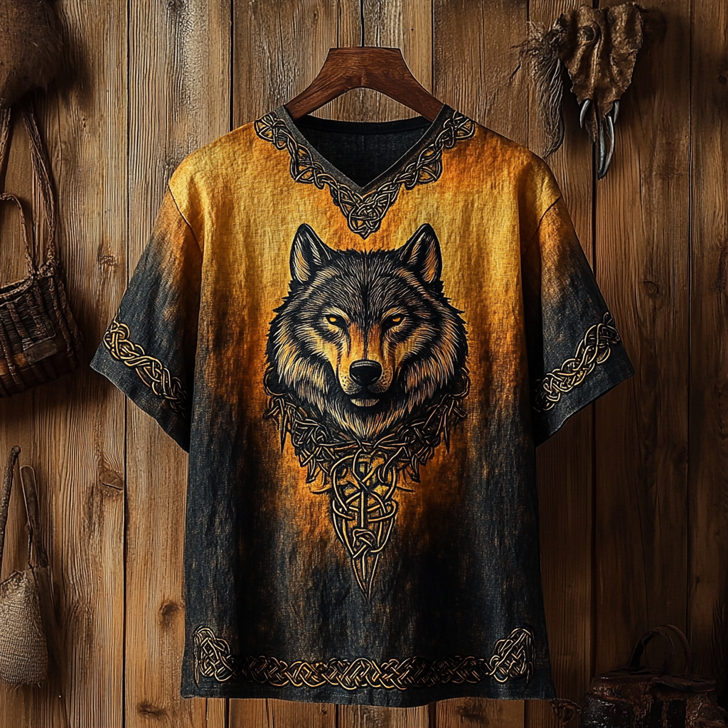 Men's Viking Celtic Wolf Art Gradient Linen T-shirt elevenforest