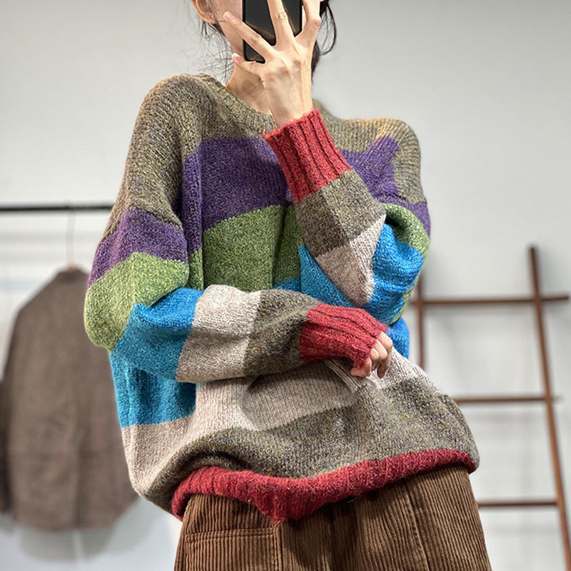 Rainbow Striped Knit Insulated Crewneck Sweater