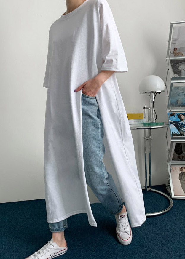 White O-neck Cotton Long T Shirt Half Sleeve