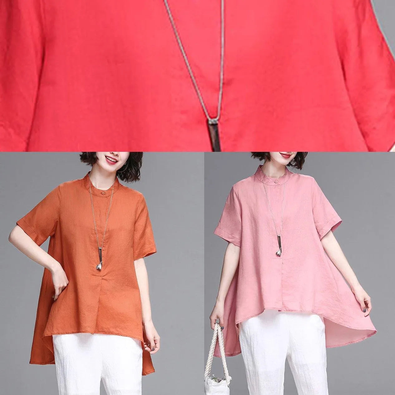 Pink Cotton Linen Clothes Work Stand Collar Asymmetric Summer Tops