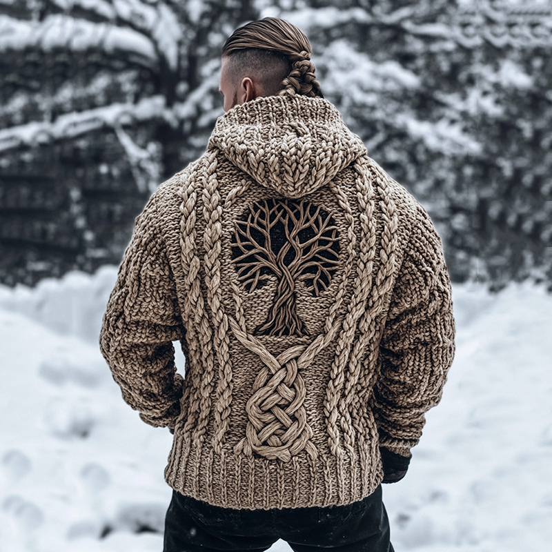 Men's Viking Tribal Tree Of Life Celtic Chunky Knit Hooded Sweater artswardrobe