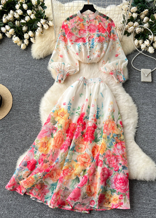French Colorblock Print Tops and Skirts Chiffon Two Pieces Set Long Sleeve