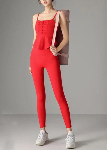 Style Red Spaghetti Strap Top and Gym Shark Leggings Two Pieces Set Summer
