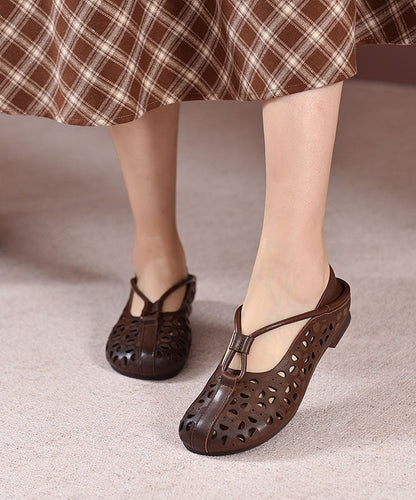 Beige Flat Feet Shoes Cowhide Leather Hollow Out Flat Feet Shoes
