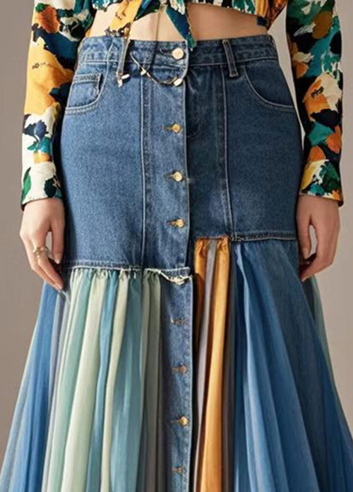 Blue Silm Fit Patchwork Denim Skirt Fall