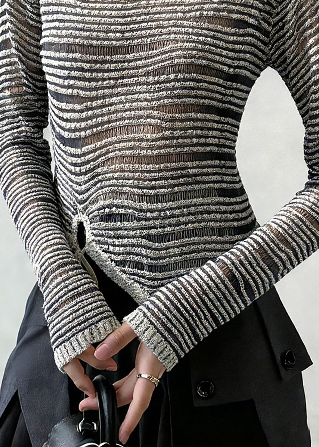 Grey Striped Cinched Knit Sweaters Spring