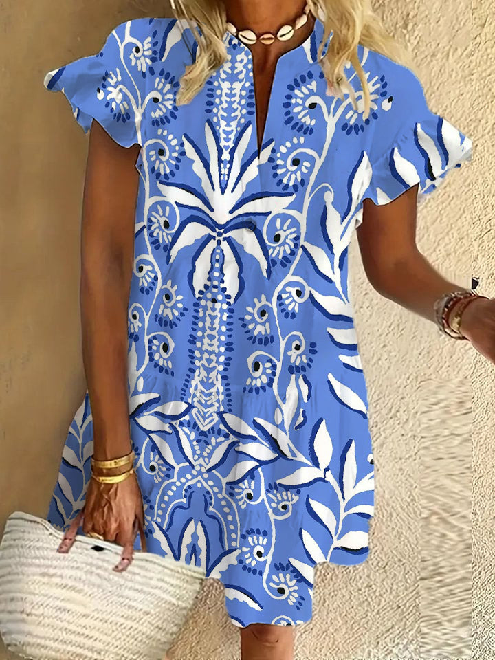 Flower ruffle short-sleeved V-neck button dress holiday beach dress