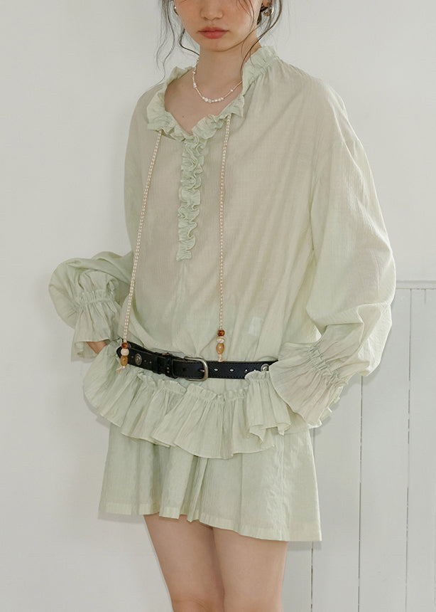 Green Lace Up Pockets Shirts and Shorts Cotton Two-piece Set Ruffled Fall