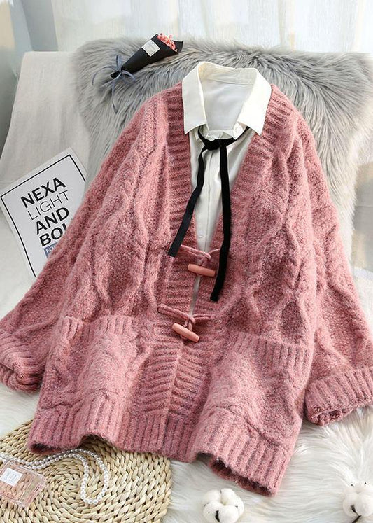 Aesthetic Knitwear Loose Fitting Pink V Neck Pockets Knit Cardigans