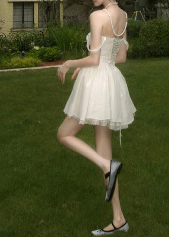 French White Cold Shoulder Mid Dress Summer