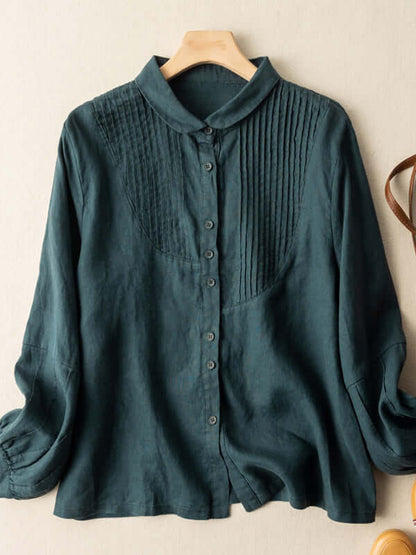 100% Linen Pleated Long Sleeve Shirt in Color