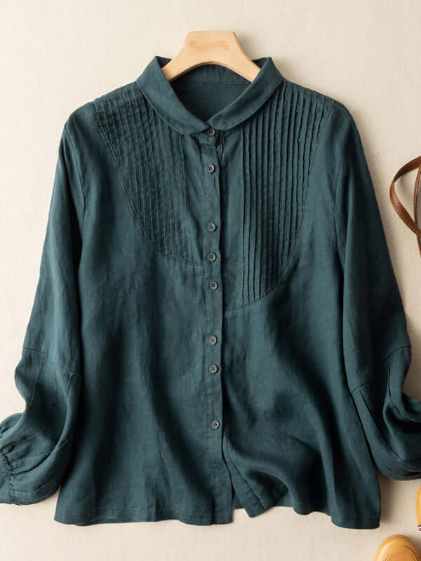 100% Linen Pleated Long Sleeve Shirt in Color
