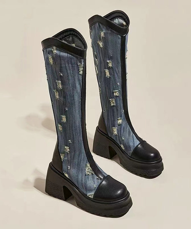 Black Cotton Zipper Splicing Hollow Out Chunky Cowboy Boots
