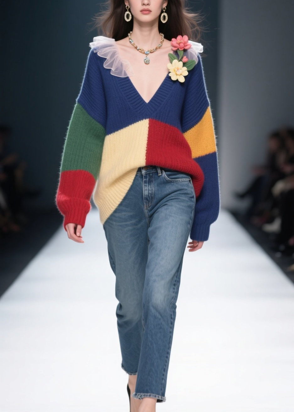 Colorblock V Neck Knit Sweaters Winter