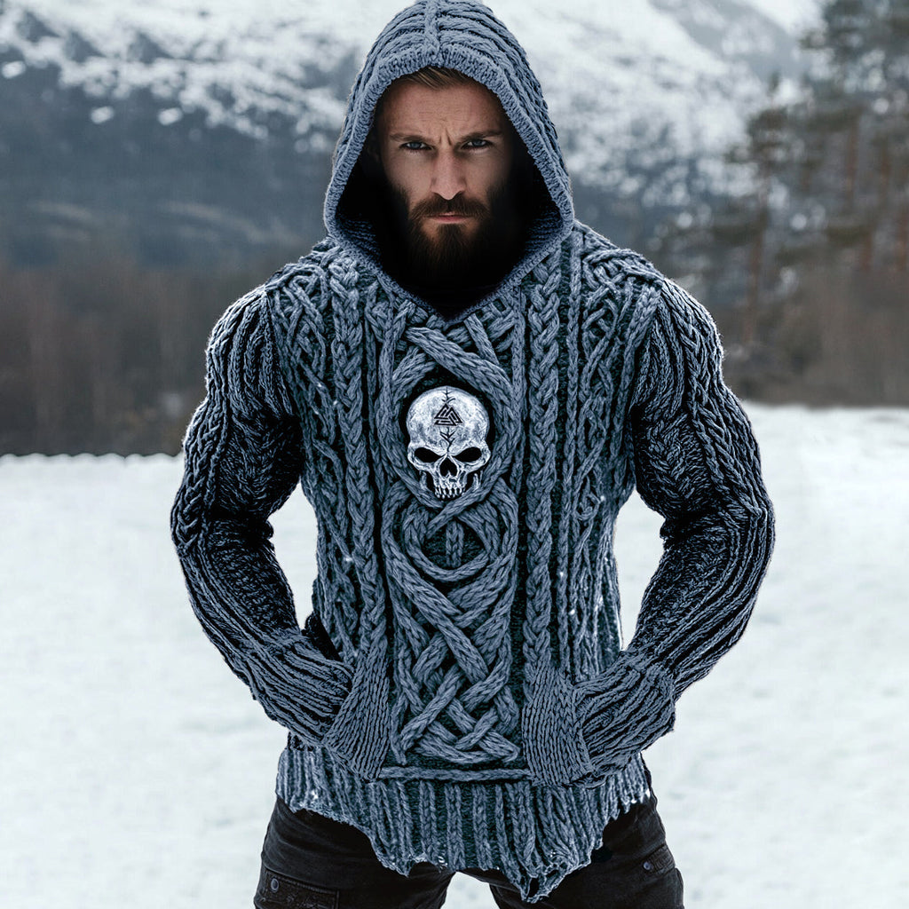 Men's Viking Tribal Skull Rune Celtic Inspired Knit Hooded Sweater artswardrobe