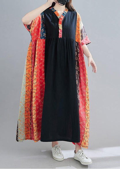 Diy Red Print Tunic V Neck Patchwork Spring Dresses
