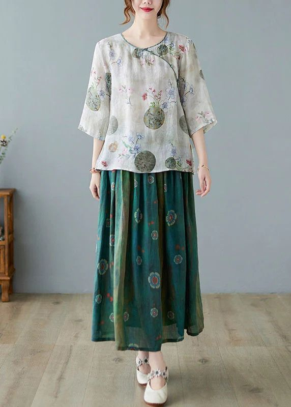 Grey Print Ramie Elastic Waist Skirt