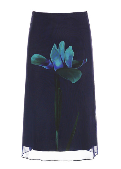 Navy Print High Waist Patchwork Tulle Skirts Summer