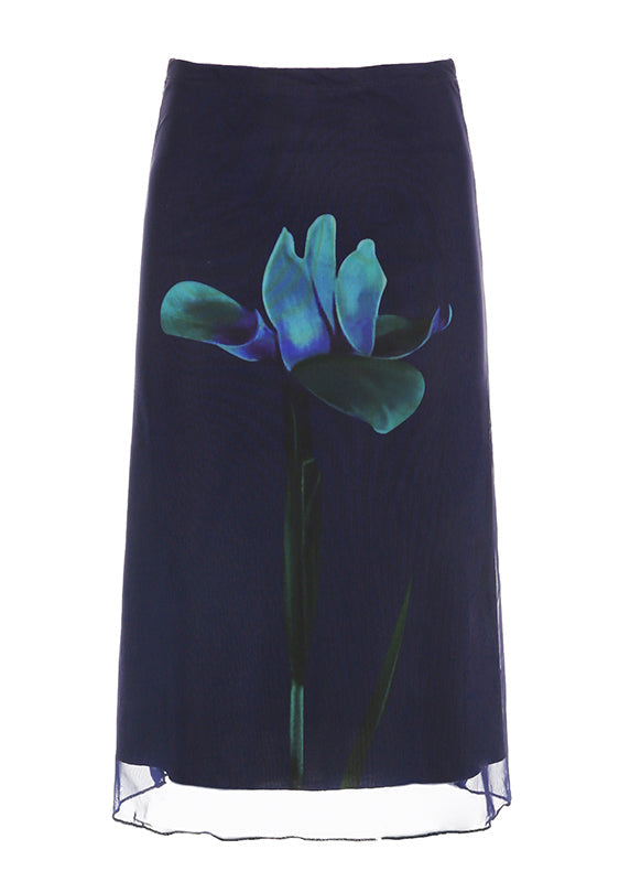 Navy Print High Waist Patchwork Tulle Skirts Summer