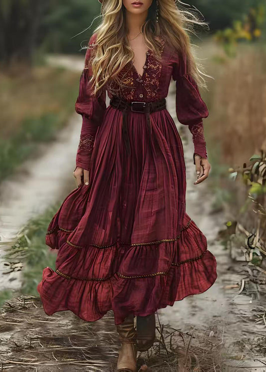 Mulberry V Neck Print Wrinkled Cotton Robe Dresses Spring
