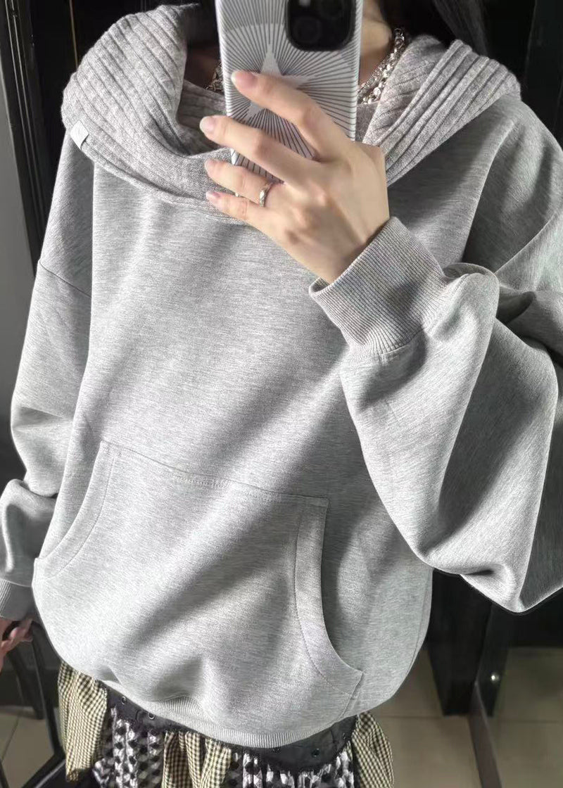 Grey Slash Neck Patchwork Sweatshirt Lantern Sleeve